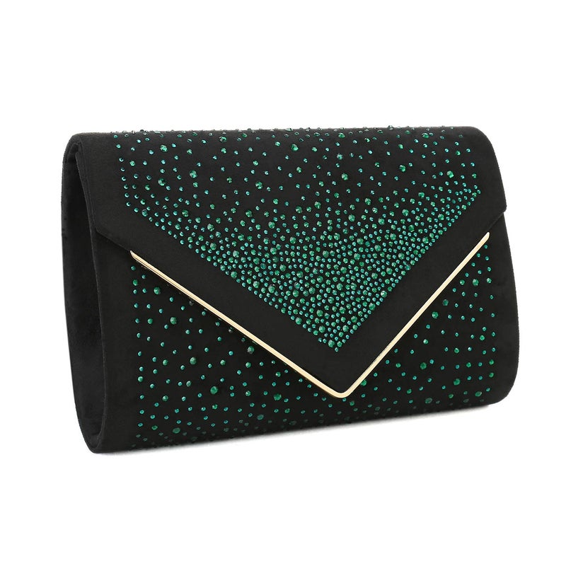CHARMING TAILOR Envelope Purse Formal Faux Suede Clutch Rhinestone Evening Bag for Women Party Handbag (Black/green) - Image 2